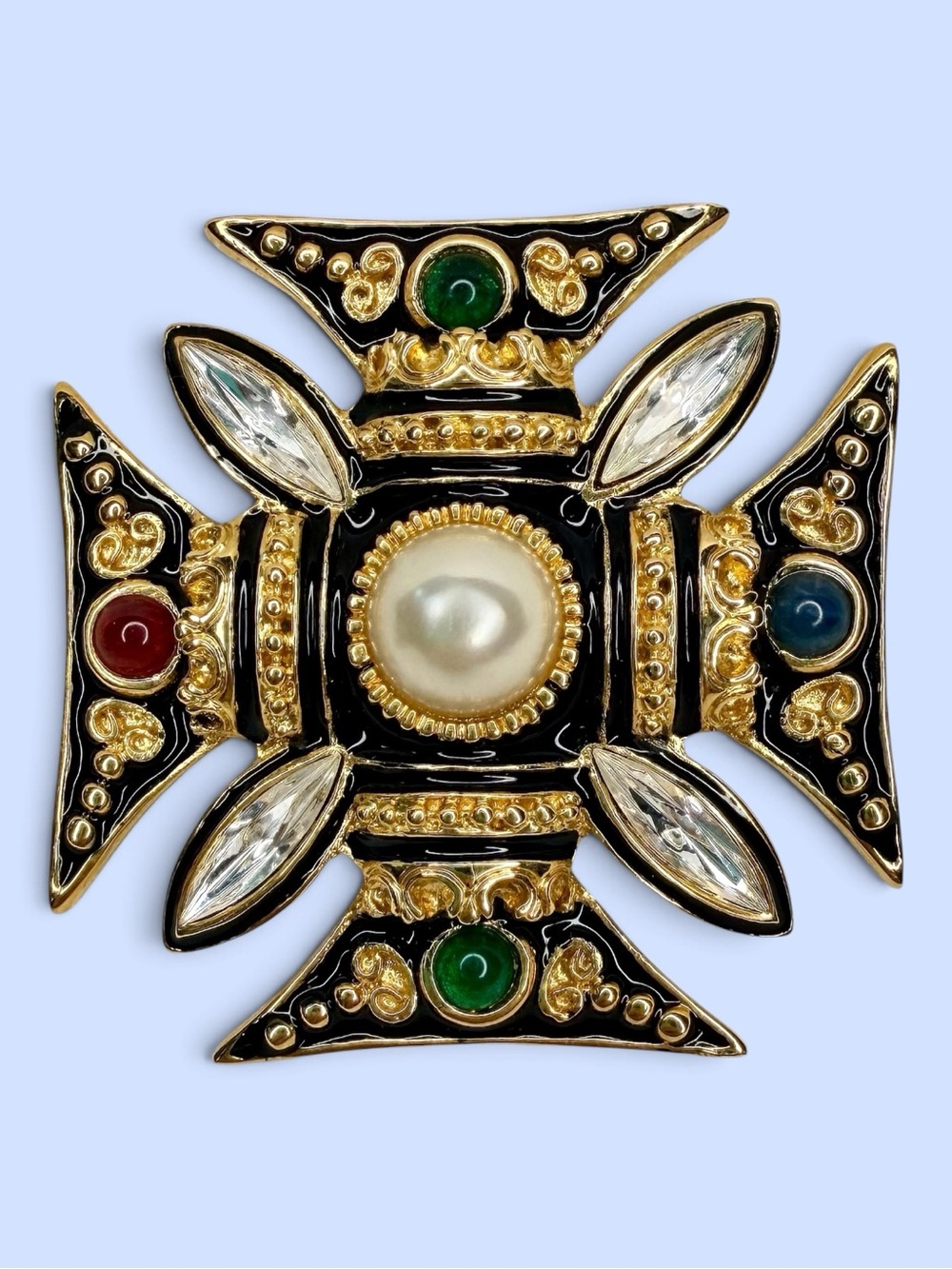 VTG Maltese Cross Brooch Byzantine Black Enamel Faux Pearl Cabochon Rhinestone